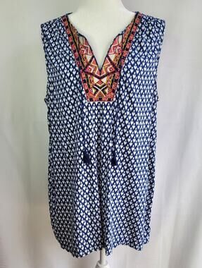 Boho BEACH LUNCH LOUNGE Blue Aztec Design Sleeveless Top XL Embroidery & Tassels